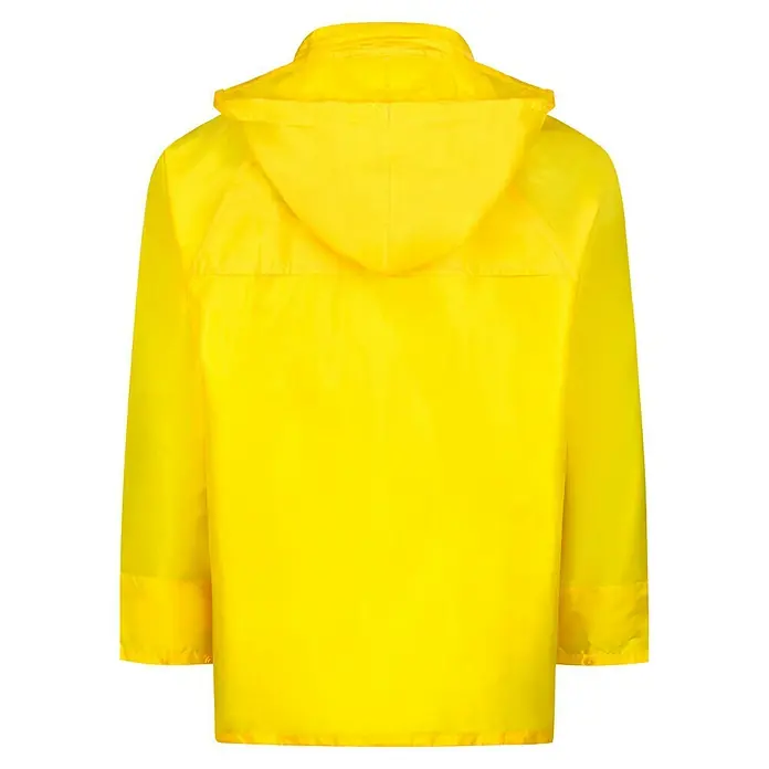 Regenbekleidung - L, Gelb - Rückansicht eines gelben Regenmantels mit Kapuze, ideal für schlechtes Wetter, bietet Schutz und Sichtbarkeit.