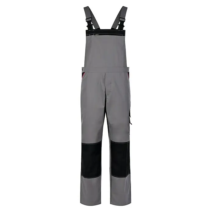 Latzhose - S, Grau/Schwarz - Graue Arbeitshose mit Trägern und schwarzen Verstärkungen. Praktische und strapazierfähige Hose für Handwerker und andere Berufe.