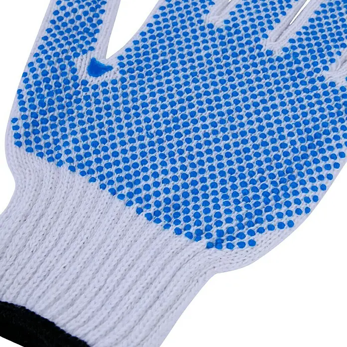 Guide Arbeitshandschuhe 710 - 10, Weiß - Nahaufnahme eines weißen Arbeitshandschuhs mit blauen Noppen für besseren Halt, ideal für Handwerker und Gartenarbeit.