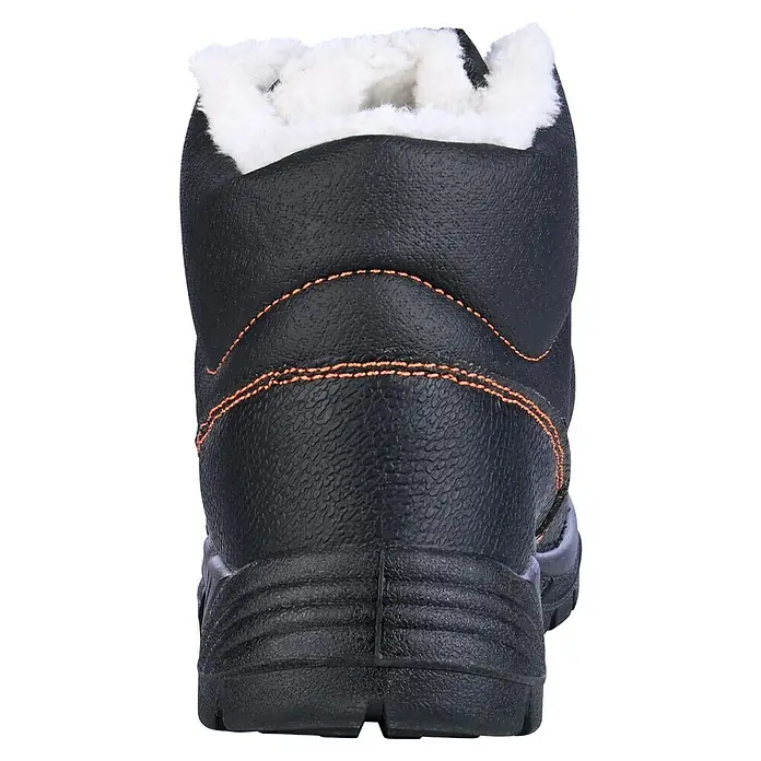 Power Safe Winterstiefel Olaf - Schuhgröße: 41 - Ein schwarzer Winterstiefel mit orangefarbenen Nähten und weißem Kunstfellrand. Ideal für kalte Tage und bietet Komfort.