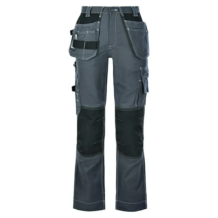 L.Brador Arbeitshose 101 B - 52, Grau - Abgebildete graue Arbeitshose mit vielen Taschen und verstärkten Kniepartien, ideal für Handwerker und Bauarbeiter.