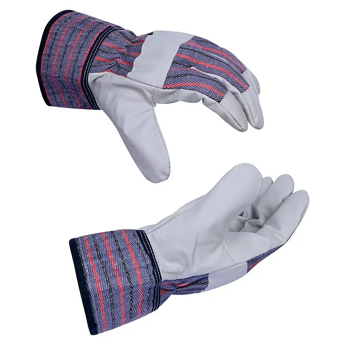 Guide Arbeitshandschuhe 504 HP - Grau/Blau/Rot, 10 - Paar robuste Arbeitshandschuhe aus Leder und Stoff mit gestreiftem Muster. Ideal für Schutz und Komfort bei handwerklichen Tätigkeiten.