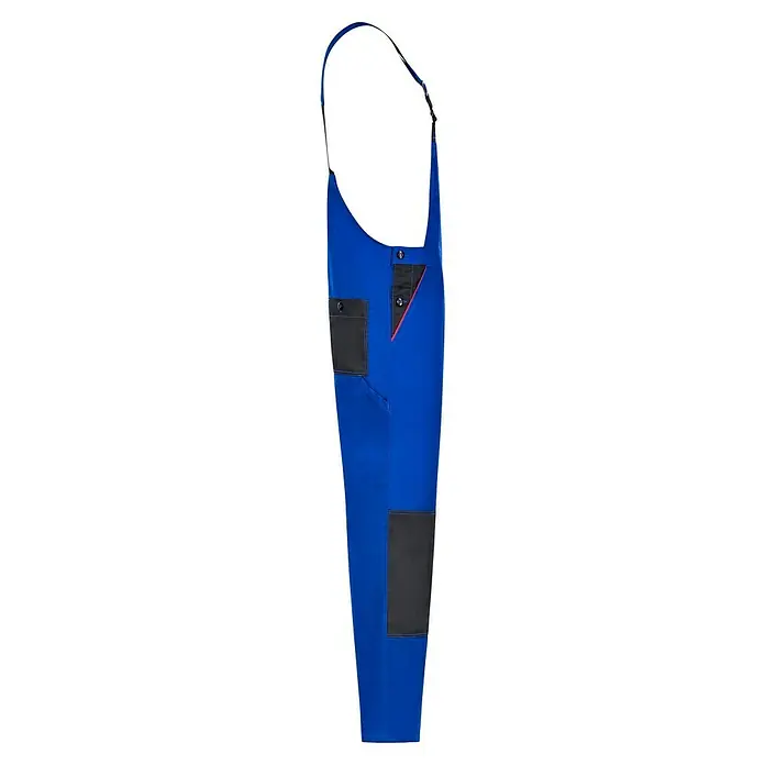 Latzhose - L, Kornblau/Schwarz - Blaue Arbeitshose mit Trägern, grauen Taschen und roter Applikation für Handwerker oder den Einsatz in der Industrie.