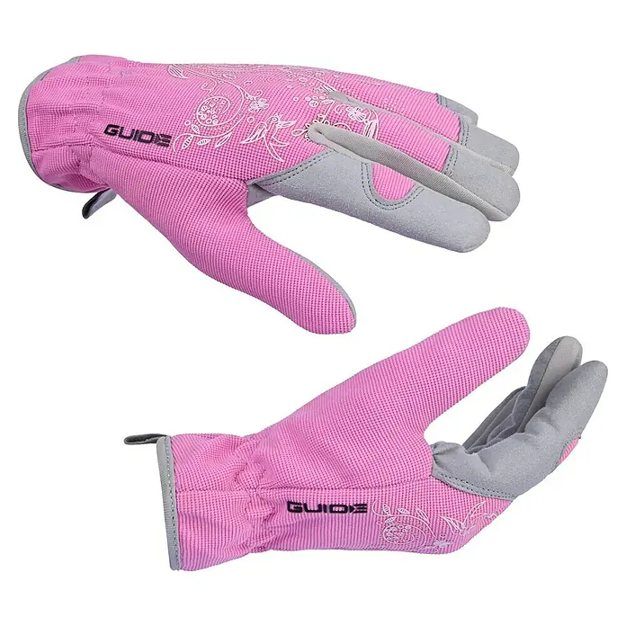 Guide Arbeitshandschuhe 5534 - 8, Rosa/Beige - Paar rosafarbene Gartenhandschuhe der Marke Guide, mit floralen Mustern und grauen Verstärkungen für optimalen Schutz beim Gärtnern.