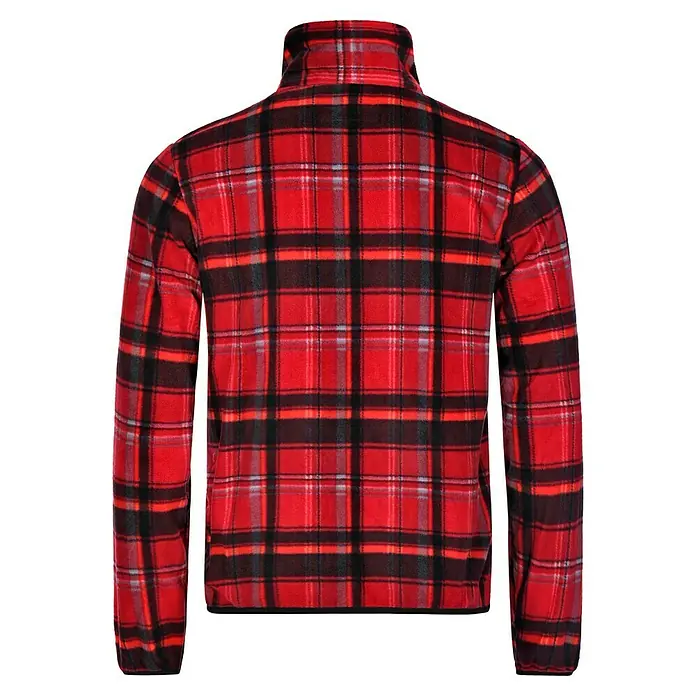 Fleecejacke - Rot/Schwarz, L - Rückansicht einer roten Fleecejacke mit schwarzem und grauem Tartanmuster. Bequeme und stilvolle Jacke für kühle Tage mit Stehkragen.