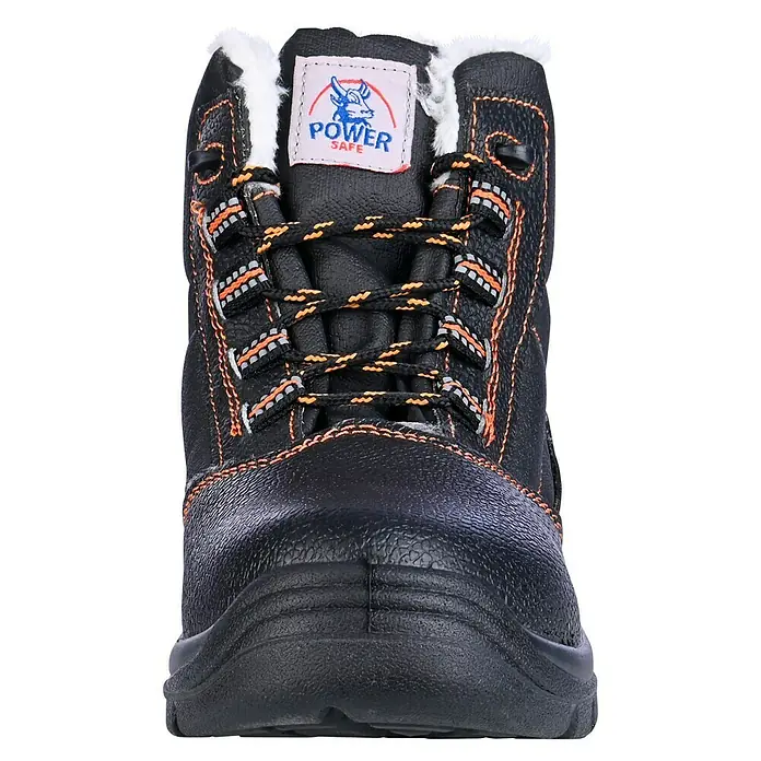 Power Safe Winterstiefel Olaf - Schuhgröße: 41 - Ein robuster, schwarzer Sicherheitsschuh mit orangefarbenen Akzenten und einem POWER SAFE Logo. Perfekt für den Arbeitsschutz.
