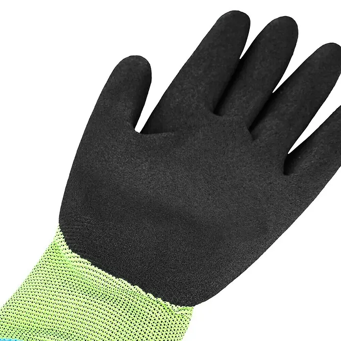 Arbeitshandschuhe Montgomery - Handschuhgröße: 10 - Nahaufnahme eines schwarzen Arbeitshandschuhs mit hellgrünem Bündchen, ideal für Gartenarbeit und Bauarbeiten.