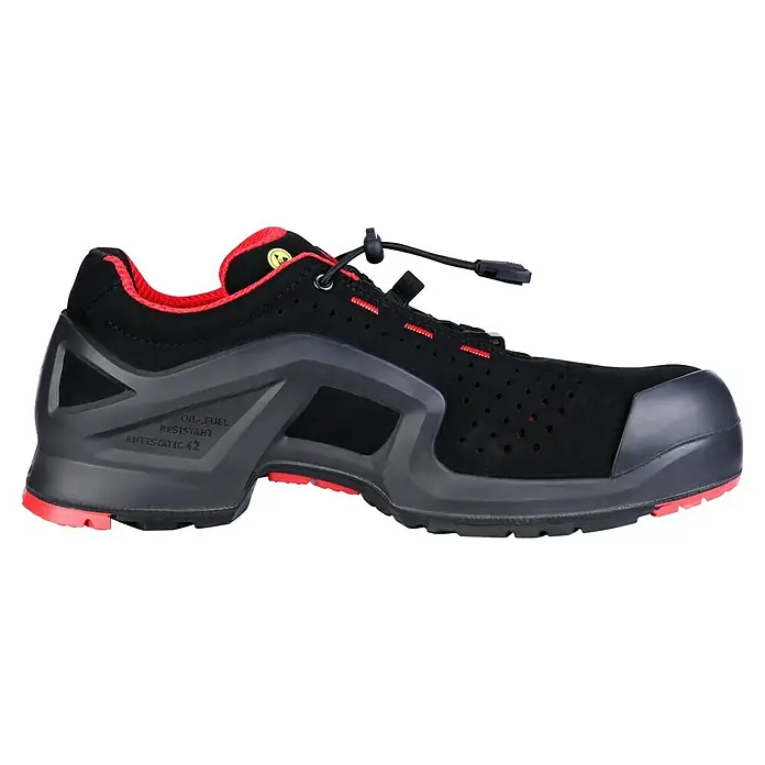 Uvex Sicherheitshalbschuh 1 - 44, Schutzklasse nach EN ISO 20345: S1P, Schwarz/Rot - Ein schwarzer Sicherheitsschuh mit roten Akzenten. Dieser robuste Schuh bietet Schutz und Komfort für anspruchsvolle Arbeitsumgebungen.