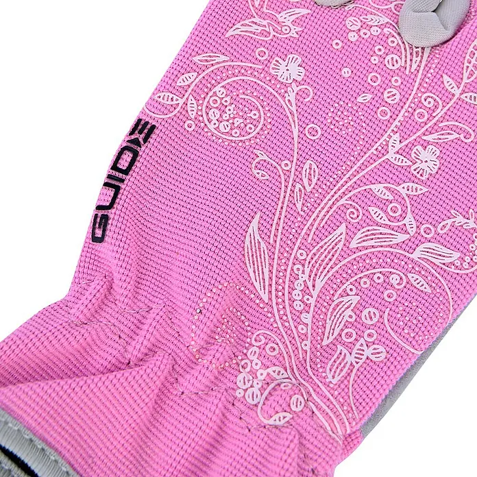 Guide Arbeitshandschuhe 5534 - 8, Rosa/Beige - Nahaufnahme eines pinkfarbenen GUIDE-Gartengerätehandschuhs mit floralem Muster.