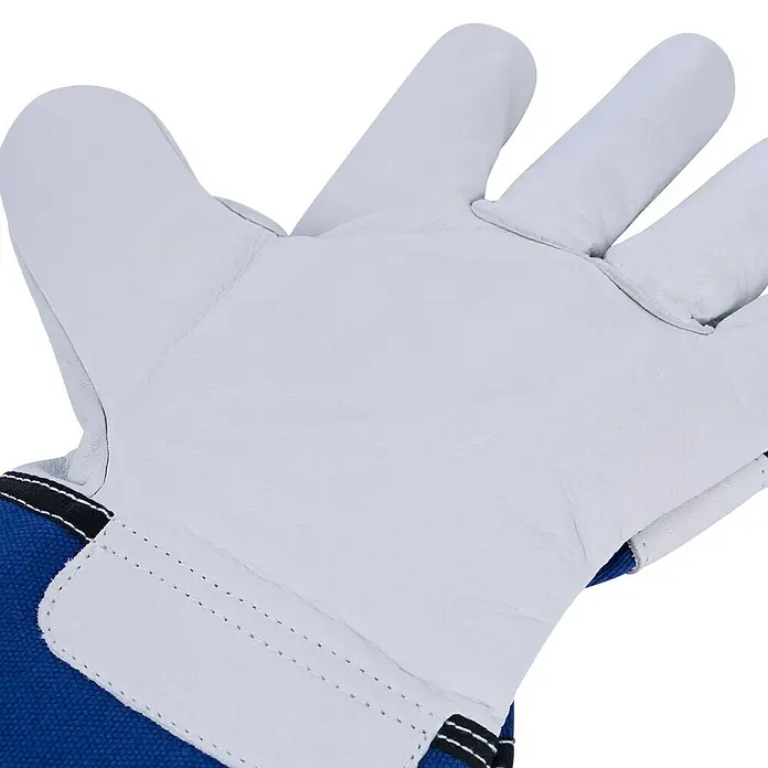 Guide Arbeitshandschuhe 1071 HP - Handschuhgröße: 10, Blau/Weiß - Nahaufnahme eines weißen Lederhandschuhs mit blauem Stoffbund, ideal für Arbeitsschutz und Handwerksarbeiten.