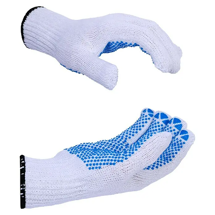 Guide Arbeitshandschuhe 710 - 10, Weiß - Nahaufnahme von zwei weißen Strickhandschuhen mit blauen Noppen auf schwarzem Hintergrund.