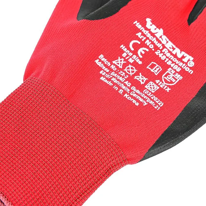 Wisent Arbeitshandschuhe Renovation - Schwarz/Rot, 10 - Nahaufnahme eines roten WISENT® Handschuhs Renovation, ideal für Renovierungsarbeiten und Schutz.
