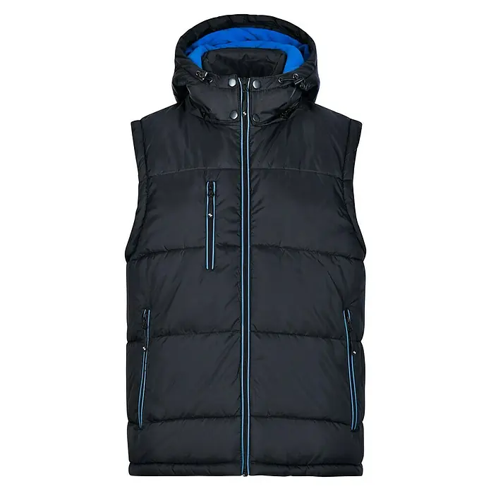 HD Concept Thermoweste - Schwarz/Blau, L - Schwarze Daunenweste mit Kapuze und blauen Akzenten, ideal für zusätzlichen Komfort und Wärme an kälteren Tagen.