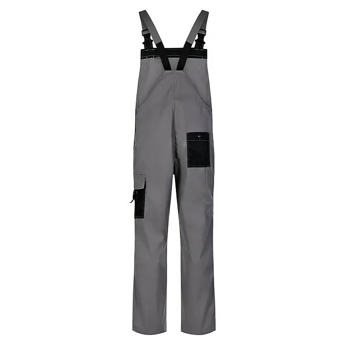 Latzhose - S, Grau/Schwarz - Graue Arbeitshose mit schwarzen Taschen und Trägern für zusätzlichen Komfort und Funktionalität bei der Arbeit.