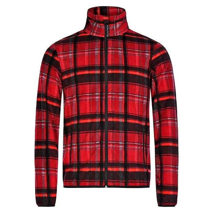 Fleecejacke - Rot/Schwarz, L - Karierte Fleecejacke in Rot- und Schwarztönen mit durchgehendem Reißverschluss und Stehkragen, ideal für Wärme und Komfort.