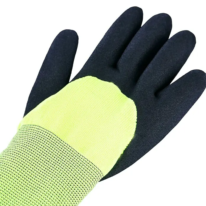 Arbeitshandschuhe Montgomery - Handschuhgröße: 10 - Nahaufnahme eines schwarzen und gelben Arbeitshandschuhs, der Schutz und Griffigkeit bei der Arbeit bietet.