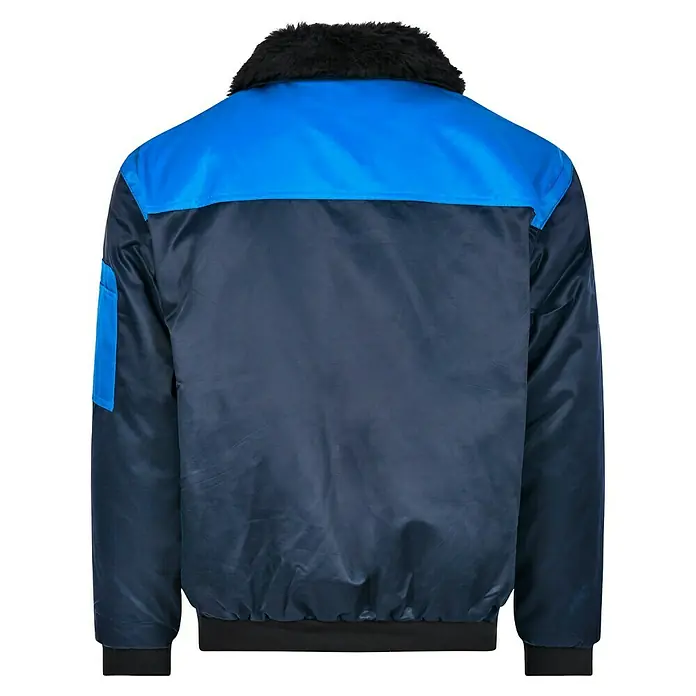 Elutex Piloten-Blouson 4in1 - Navy/Royalblau, XXL - Rückansicht einer blau-schwarzen Bomberjacke mit Fellkragen. Die Jacke ist glatt und scheint wasserabweisend zu sein.