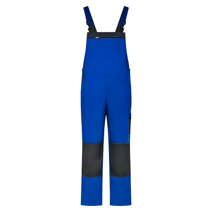 Latzhose - L, Kornblau/Schwarz - Blaue Arbeitshose mit Knieschutz und verstellbaren Trägern, ideal für Handwerker und Bauarbeiter. Robuste Verarbeitung für den täglichen Einsatz.