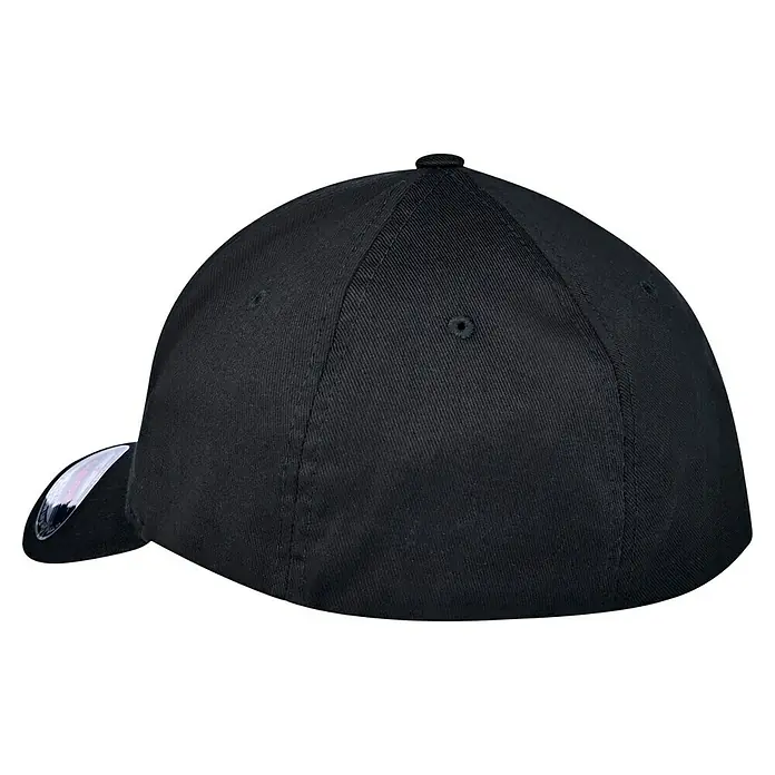 Flexfit Baseballkappe - Schwarz, S/M - Nahaufnahme einer schwarzen Baseballkappe, die eine schlichte und sportliche Ästhetik zeigt. Perfekt für einen lässigen Look.
