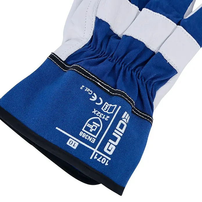 Guide Arbeitshandschuhe 1071 HP - Handschuhgröße: 10, Blau/Weiß - Nahaufnahme eines blauen GUIDE 1071 Arbeitshandschuhs mit weißem Leder, ideal für Schutz und Komfort bei der Arbeit.