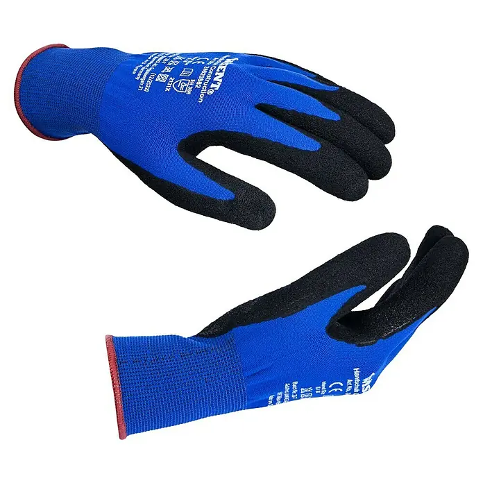 Wisent Arbeitshandschuhe Construction - Schwarz/Blau, 2 Stk., 11 - Das Bild zeigt zwei blaue Arbeitshandschuhe mit schwarzer Beschichtung. Ideal für diverse Bau- und Montagearbeiten.