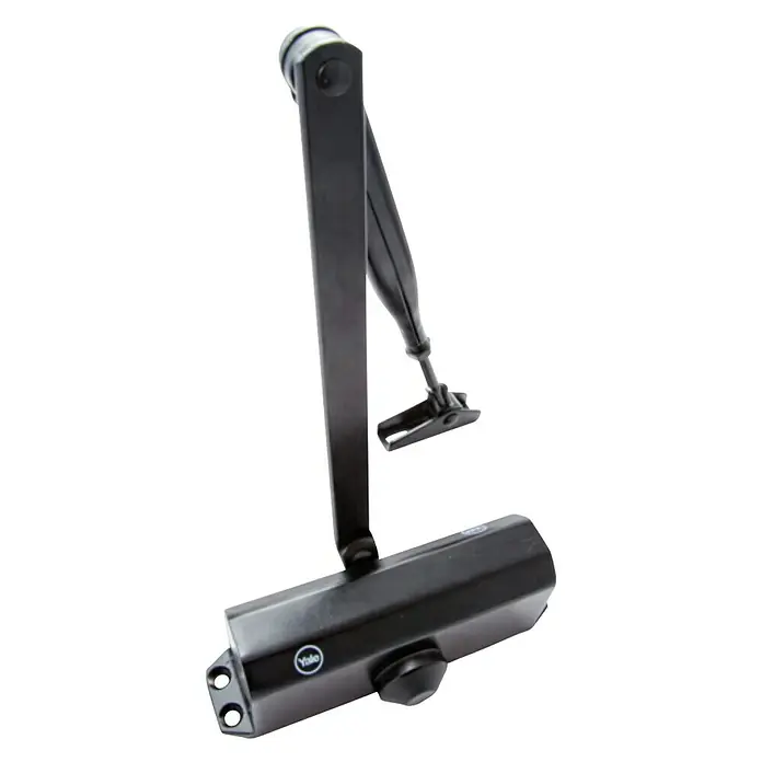 Yale Cerrador de puertas hidráulico 3000 - L x An x Al: 18 x 4,4 x 6,5 cm, Negro - Un cierrapuertas negro de Yale, un dispositivo mecánico para cerrar puertas automáticamente.