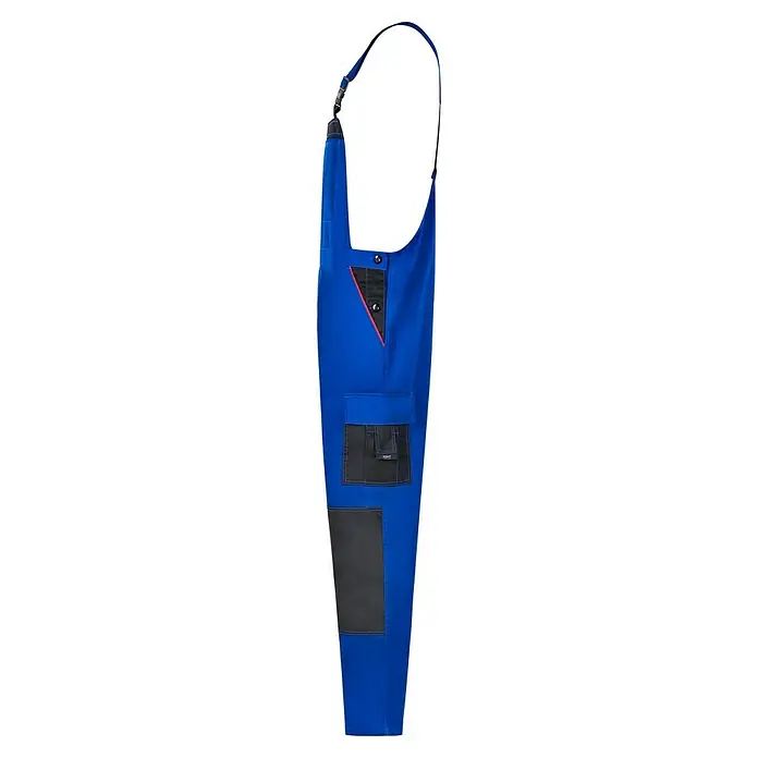 Latzhose - L, Kornblau/Schwarz - Blaue Arbeitshose mit Taschen und verstellbaren Trägern. Die Hose ist ideal für Handwerker und bietet viel Stauraum.