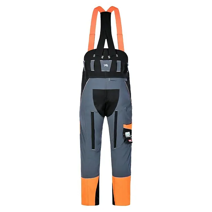 Bullstar Schnittschutzhose Proximo mit Hosenträger - 54, Orange/Anthrazit, Herren - Diese Latzhose in Grau, Schwarz und Orange ist ideal für Arbeiten im Freien und bietet Komfort und Schutz durch strapazierfähige Materialien.