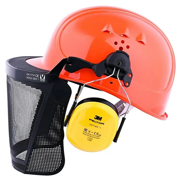 Bullstar Forst-Schutzhelm Peltor Master - Orange - Ein orangefarbener Schutzhelm mit Visier und gelben 3M Peltor Optime I Kapselgehörschützern für optimalen Schutz am Arbeitsplatz.