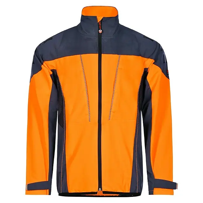Bullstar Multifunktionsjacke Proximo - Orange/Anthrazit, L - Abgebildete orangefarbene Arbeitsjacke mit durchgehendem Reißverschluss und marineblauen Akzenten. Ideal für Sichtbarkeit und Funktionalität.