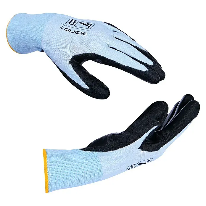Guide Arbeitshandschuhe 308 PP - Grau, 8 - Bild von zwei blauen GUIDE Arbeitshandschuhen mit schwarzer Beschichtung für sicheren Halt und Schutz.
