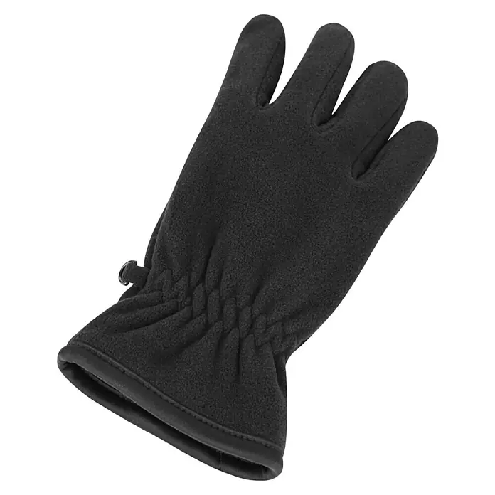 Elutex Winterhandschuhe - M, Schwarz - Das Bild zeigt einen schwarzen Fleecehandschuh mit einem elastischen Bündchen und einer Schlaufe zur Befestigung. Ideal für kalte Tage.