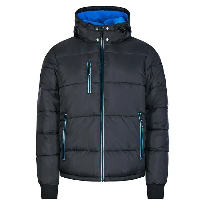 HD Concept Thermojacke - XL, Blau/Schwarz - Schwarze Daunenjacke mit Kapuze und blauen Details für Herren. Warm und modisch durch den Winter.