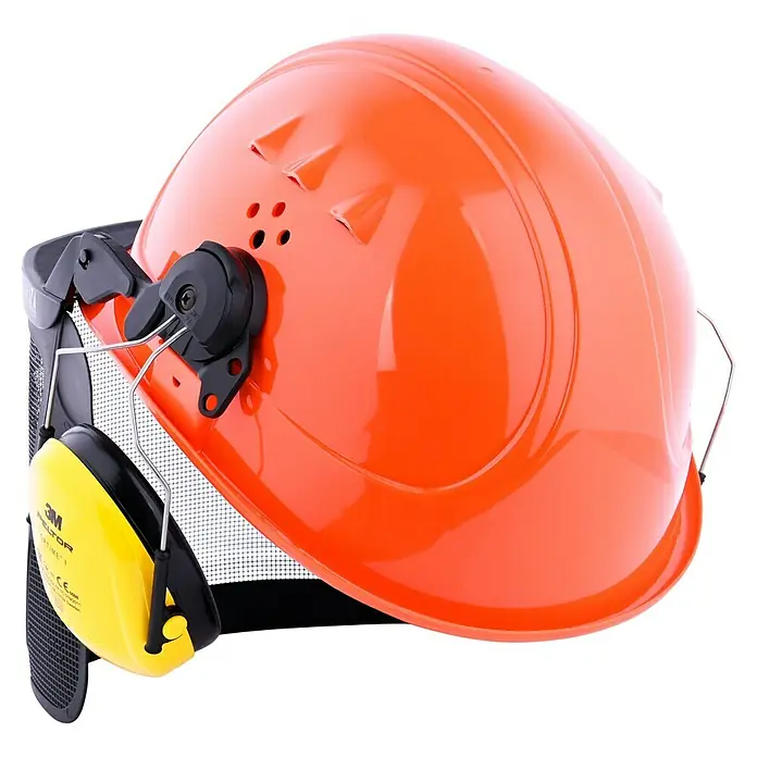 Bullstar Forst-Schutzhelm Peltor Master - Orange - Ein orangefarbener Schutzhelm mit gelben Ohrenschützern von 3M Peltor, ideal für Baustellen und laute Arbeitsumgebungen.