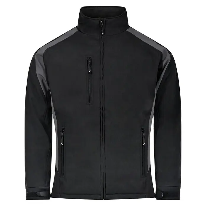 HD Concept Softshell-Jacke Fit - Schwarz/Grau, XXL - Schwarze Softshelljacke mit grauem Schulterbereich und mehreren Reißverschlüssen für Herren.