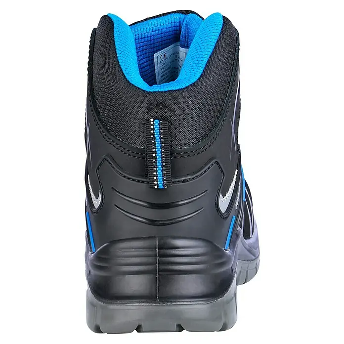Power Safe Sicherheitshalbschuh Tom - Schuhgröße: 46, S3 - Rückansicht eines schwarzen Sicherheitsschuhs mit blauen Akzenten. Der Schuh hat eine robuste Sohle und eine verstärkte Fersenkappe.