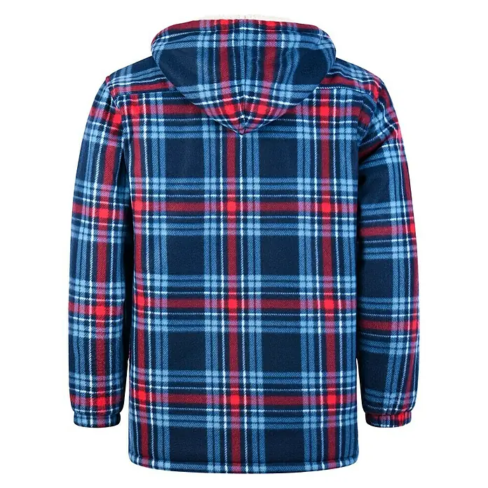 Scheibler Thermojacke - Rot/Blau, XL - Rückansicht eines karierten Fleece-Hoodies in Marineblau, Rot und Hellblau. Bequemer und stylischer Hoodie für kühle Tage.