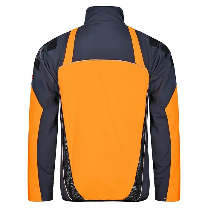 Bullstar Multifunktionsjacke Proximo - Orange/Anthrazit, L - Rückansicht einer orangefarbenen und anthrazitfarbenen Arbeitsjacke mit Reflexstreifen für gute Sichtbarkeit und Sicherheit.
