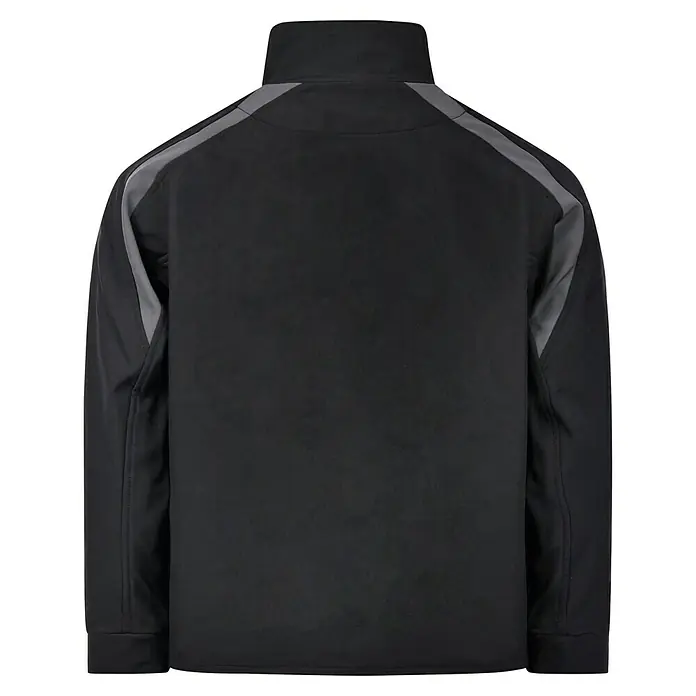 HD Concept Softshell-Jacke Fit - Schwarz/Grau, XXL - Rückansicht einer schwarzen Jacke mit grauem Detail an den Schultern und am Kragen. Perfekt für wechselhaftes Wetter.