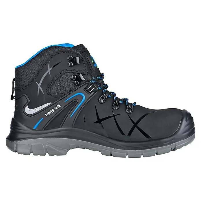 Power Safe Sicherheitshalbschuh Tom - Schuhgröße: 46, S3 - Schwarzer Sicherheitsstiefel mit blauen Akzenten und grauer Sohle für optimalen Schutz und Komfort bei der Arbeit.