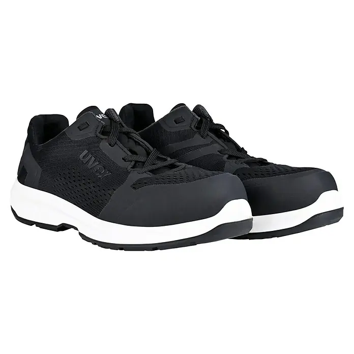 Uvex Sicherheitshalbschuh 1 Sport - 41, Schutzklasse nach EN ISO 20345: S1 - Ein Paar schwarze Uvex Arbeitsschuhe mit weißer Sohle. Die Schuhe haben Schnürsenkel und sind atmungsaktiv. Ideal für den Arbeitsschutz.