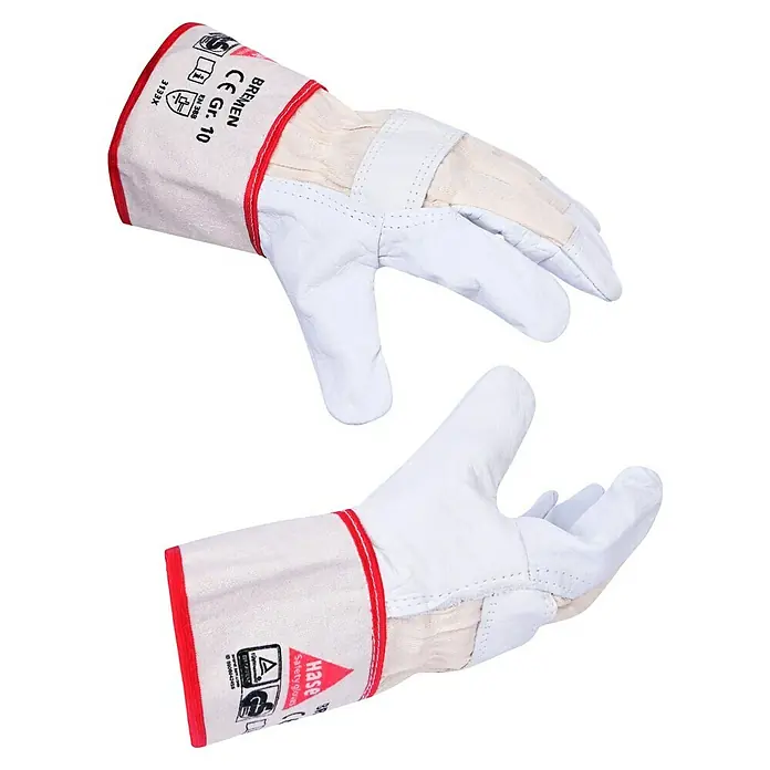 Hase Safety Arbeitshandschuhe Bremen - Handschuhgröße: 10, Weiß - Paar weiße Lederhandschuhe mit rotem Saum.