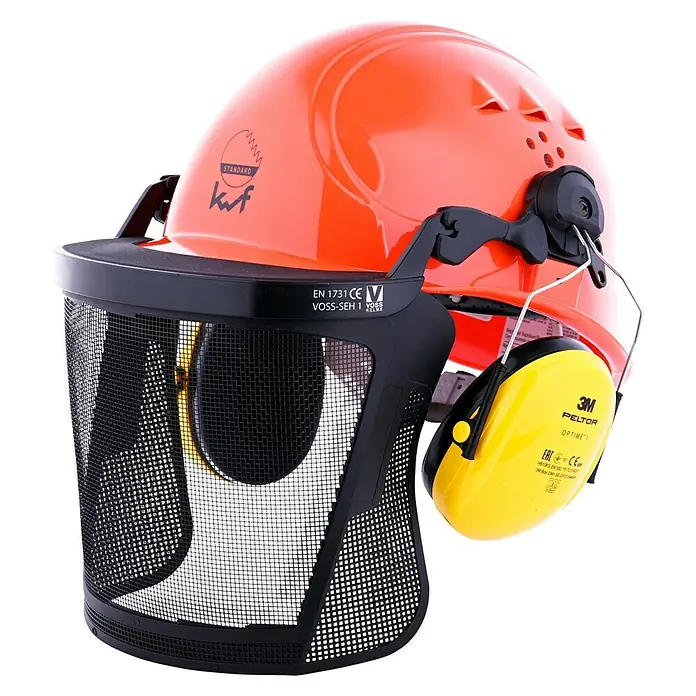 Bullstar Forst-Schutzhelm Peltor Master - Orange - Ein orangefarbener Schutzhelm mit Visier und gelben Ohrenschützern bietet umfassenden Schutz bei Arbeiten.