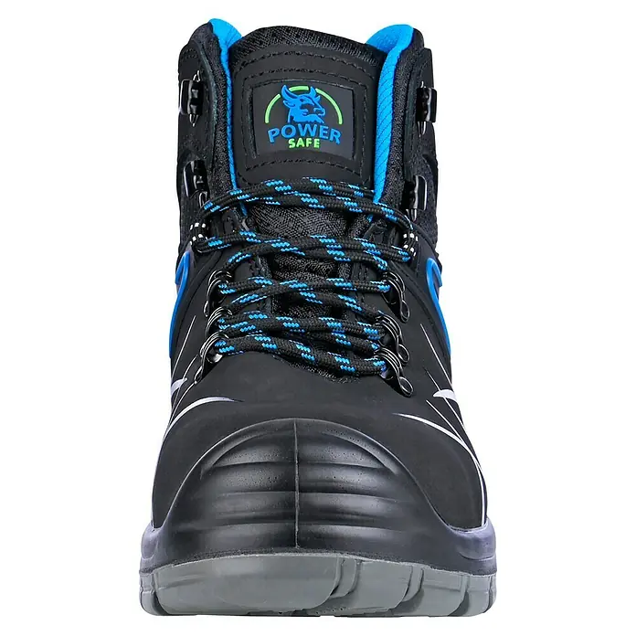 Power Safe Sicherheitshalbschuh Tom - Schuhgröße: 46, S3 - Nahaufnahme eines schwarzen Power Safe-Sicherheitsstiefels mit blauen Akzenten und Schnürsenkeln.