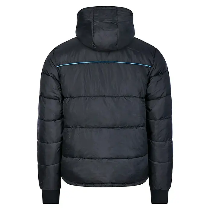 HD Concept Thermojacke - XL, Blau/Schwarz - Schwarze Steppjacke mit Kapuze und blauem Akzentstreifen, ideal für kalte Tage. Wärmend und stilvoll zugleich.