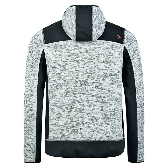 HD Concept Strickjacke Professional - Grau/Schwarz, XL - Rückansicht einer melierten Kapuzenjacke mit schwarzen Details und pinkfarbenem Logo.