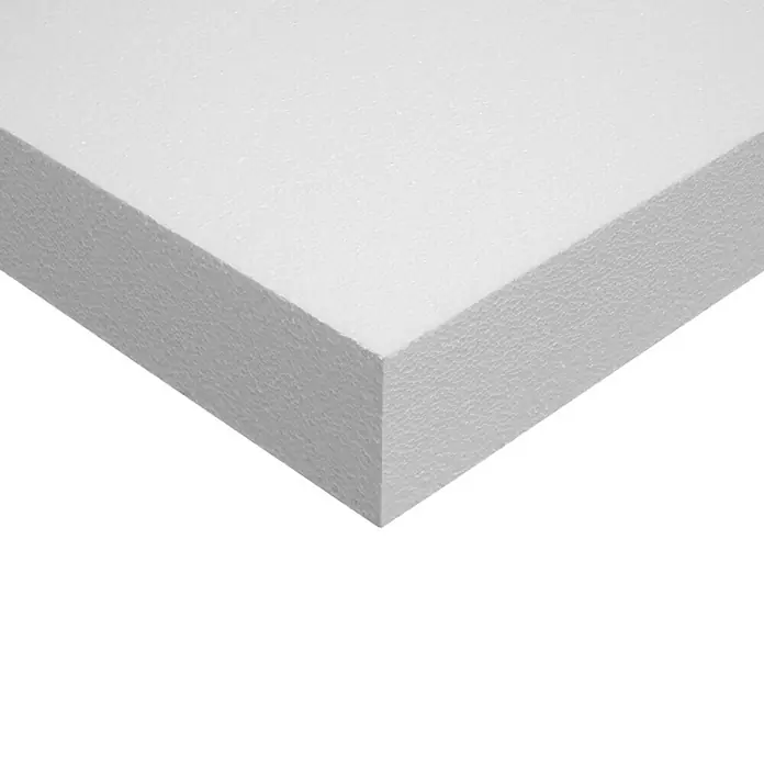 Soprema Placa de poliestireno Expandido EPS 100 - 200 x 100 x 12 cm, Plástico - Primer plano de una lámina de poliestireno blanca utilizada para aislamiento o embalaje. La textura es granular y el color es blanco puro.