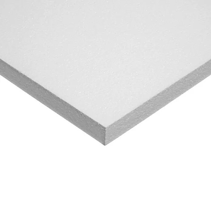 Soprema Placa de poliestireno Expandido EPS 100 - 200 x 100 x 4 cm, Plástico - Primer plano de una placa de poliestireno blanca, destacando su textura y grosor. Ideal para construcción, modelismo o aislamiento.