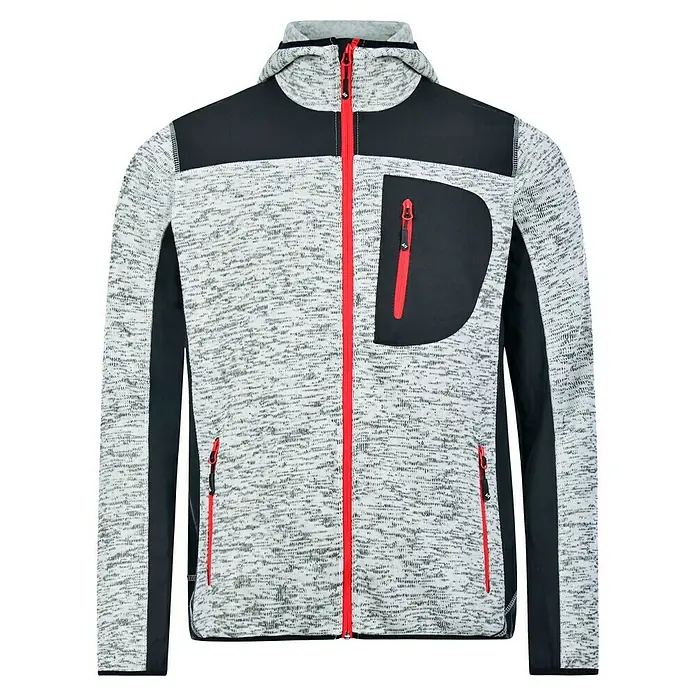 HD Concept Strickjacke Professional - Grau/Schwarz, XL - Graue Fleecejacke mit Kapuze, rotem Reißverschluss und schwarzen Details. Ideal für Outdoor-Aktivitäten und einen sportlichen Look.