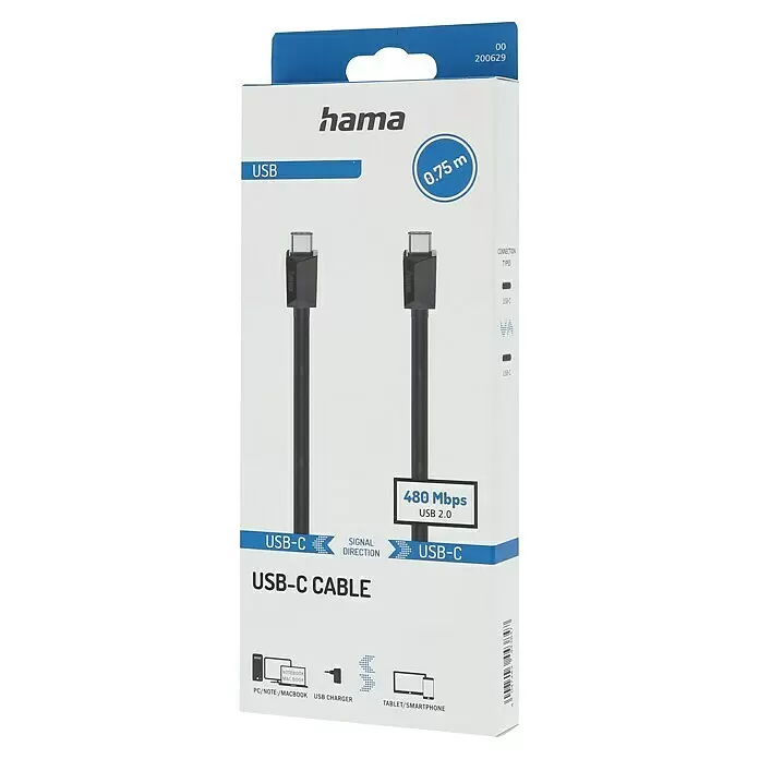 Hama USB-Kabel - 0,75 m, USB C-Stecker, Schwarz - Schwarzes Hama USB-C auf USB-C Kabel, 0,75m lang, USB 2.0 (480 Mbit/s) zum Verbinden kompatibler Geräte.